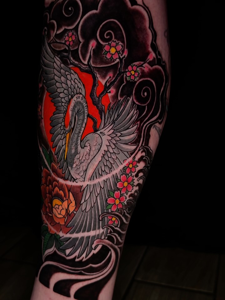 Beautiful custom Crane tattoo!